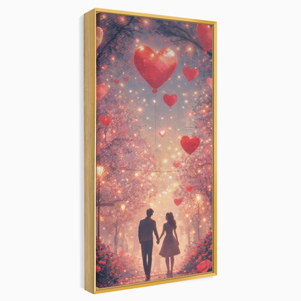 Tablou canvas cu ilustratie cu un cuplu pe alee, in rama de aluminiu auriu